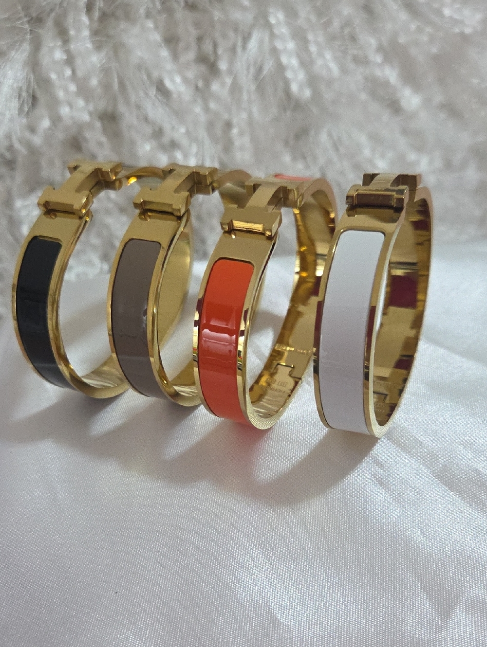 Hermes Style Gold-Plated Enamel Bangle Bracelet - White, Orange, Gray, Black